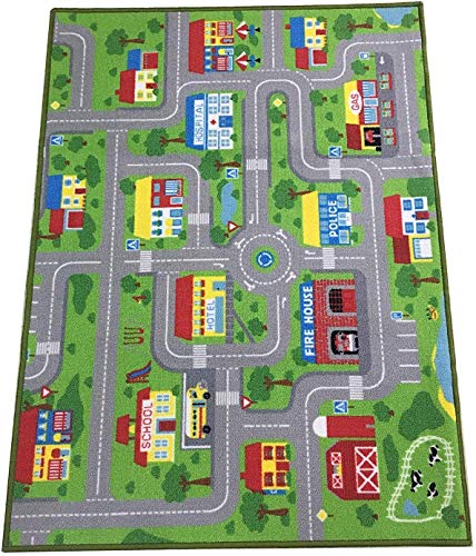 Huahoo City Street Map Kids' Rug With Roads Kids Rug Play Mat With School Hospital Station Bank Hotel Book Store Government Workshop Farm For Boy Girl Nursery Bedroom Playroom Classroom (47" X 31.5") #TOP7