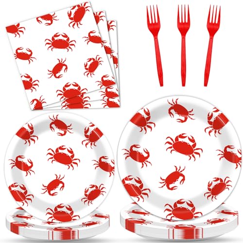 Image of Qyeahkj 100 Pcs Crab Party Decoration Set - Paper Plate Napkin Fork Set for Summer Crab Dinnerware Tableware Supplies - Serves 25