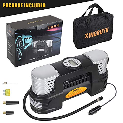 xingruyu Portable Air Compressor, Dual Cylinder Tire Inflator with Digital Gauge, 150Psi, 12V Air Pump for Car Tires with LED Light, Tire Pump with Overheating Protection, 3 Nozzles and Spare Fuse