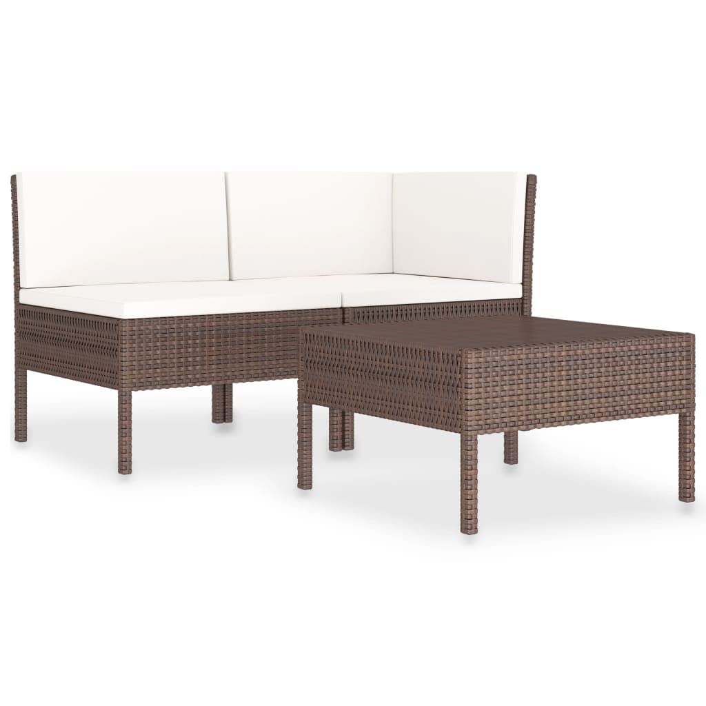 vidaXL Divani da Giardino Set 3pz con Cuscini Salotto Sofà Dormeuse Canapè Ottomana Divanetti Poltrone Sedute Arredo in Polyrattan Marrone