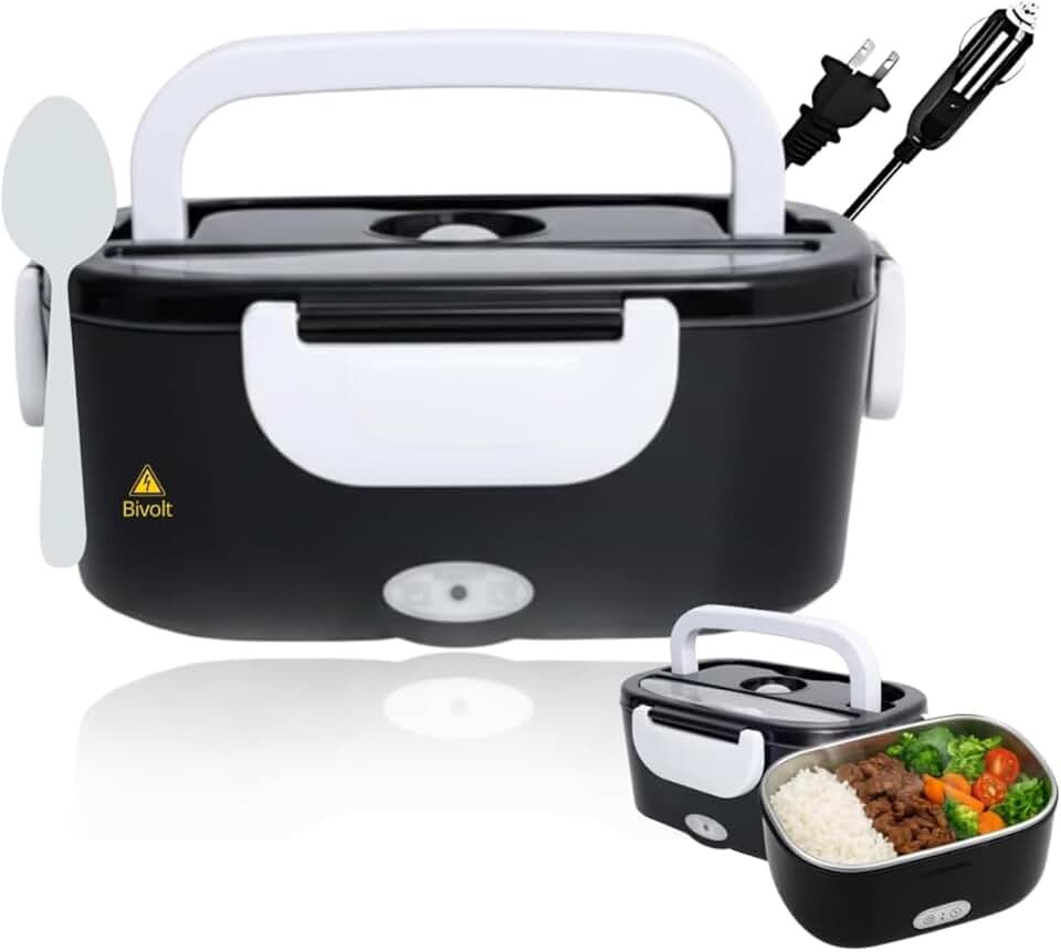 Marmita Elétrica Bivolt Portátil 1,5L com Aquecimento Rápido – 4 Voltagens (110V/220V/12V/24V) para Casa, Carro, Caminhão, Trabalho, Viagem – Recipiente com Divisórias