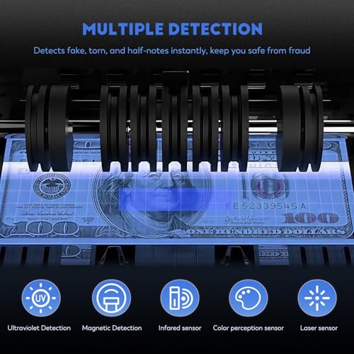 Image of Money Counter Machine with Value Count,4 inch LED Display,Cash Counter for Dollar /Euro with UV /MG /IR /DD Detection, Bill Counting with Count /Add /Batch /Auto Modes,Bill Counter Fast Counting 1,200 /Min