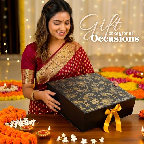 Image of RBS- LARGE Gift Boxes (34 x 33 x 10cm) Gift boxes for Packaging (1 Pack) Hamper Boxes for Gift Holds Upto 10 kg Gift Packing Box for Gifting Hamper Box (L - Black Gold Floral)