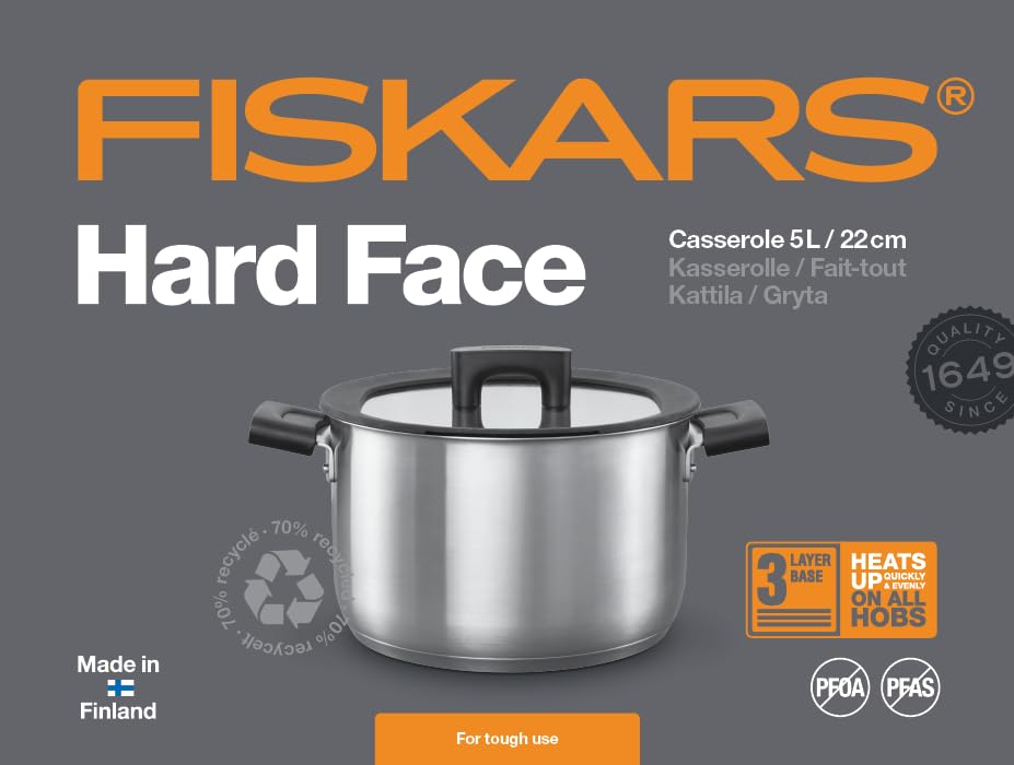 Fiskars Braadpan met deksel, 26 cm, volume: 5 l, voor alle kookplaten, aluminium/kunststof, krasbestendig, antiaanbaklaag, Hard Face, 1052228