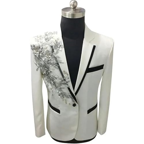 Terno bordado de lantejoulas florais brancas masculinas, para casamento, noivo, smoking, blazers, ma