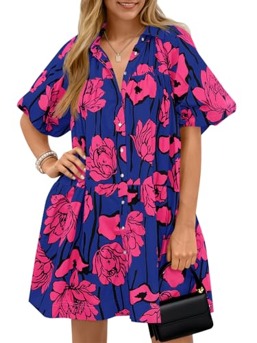 Wenrine Women's Summer Button Down Shirt Dress Floral Puff Short