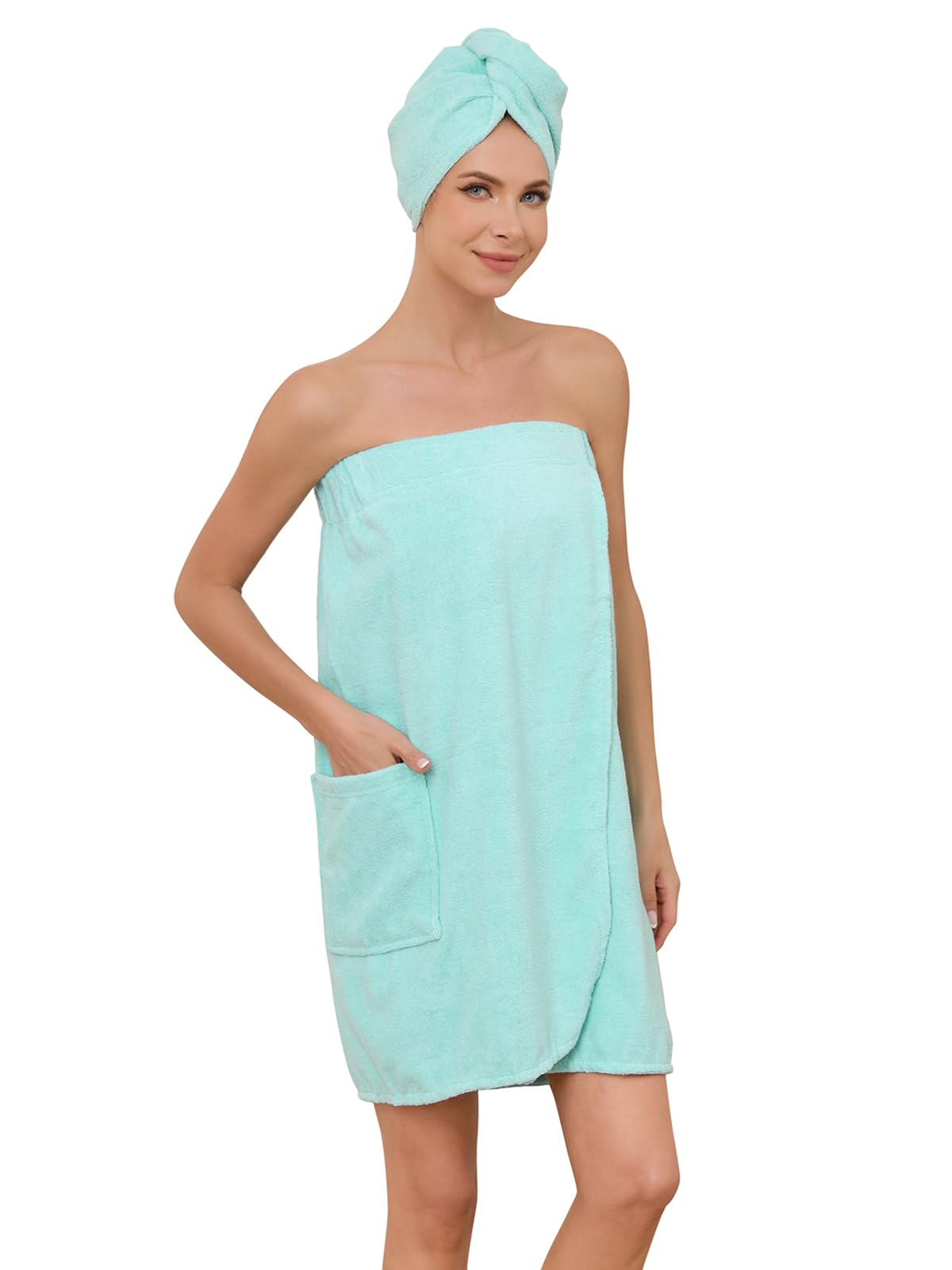 Air Curvey Soft Wrap Towel for Women Lightweight Spa Body Wrap Shower Wrap Robe Adjustable Closure Bathrobe with Pocket Blue S/M