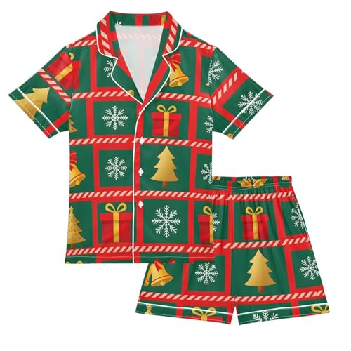 Satin Pajama Sets Short Sleeve Christmas Bells Tree Pattern Button Down Silky Nightwear 2 Piece PJS 5-14Y