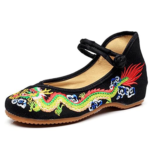 Qhome Womens Chinese Traditional Dragon Embroidery Flats Cheongsam Walking Mary Jane Shoes Black