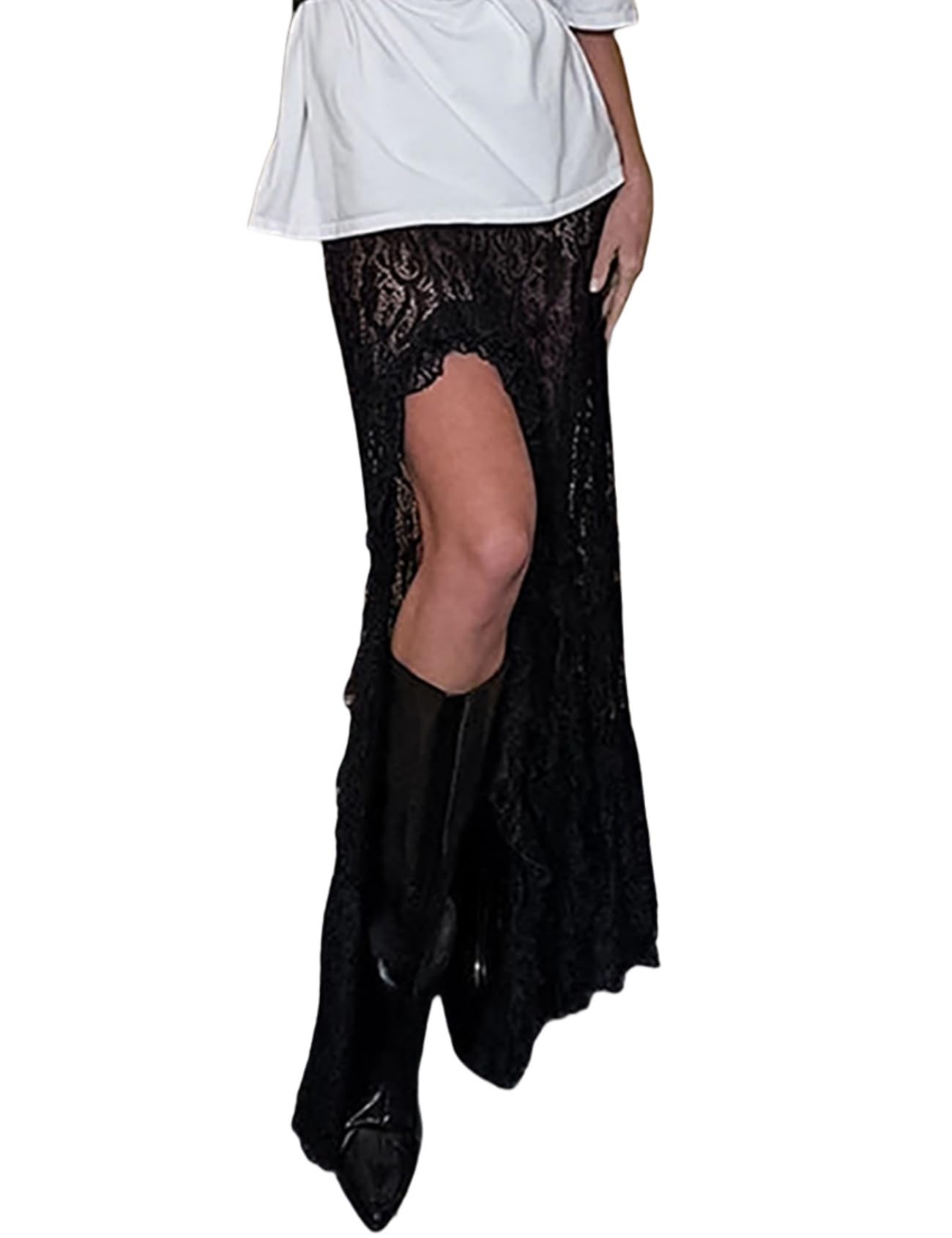 Photo 1 of Perbai Women's Sexy Sheer Lace Skirt High Waisted Floral Embroidered Ruffled A Line Long Maxi Beach Skirts(SlitBlack-S)