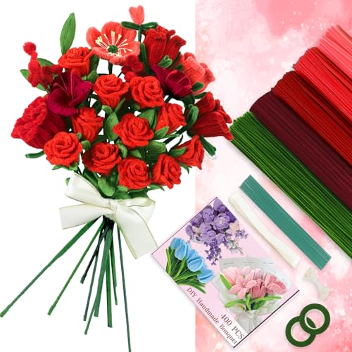 GENHH 400 Stück Pfeifenputzer Pfeifenreiniger Blumen Bastelset Rot Pipe Cleaner Basteln 5 Farben Chenilledraht für DIY-Blumensträuße Blumenstrauß Papier Deko Kreativset Handwerk Dekorieren