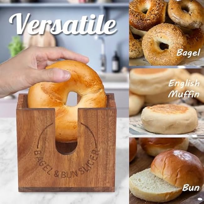 Large Adjustable Bagel Slicer Holder, Acacia Wood Bagel Cutter for Small and Large Bagels, Bread Slicer for Buns, English Muffins