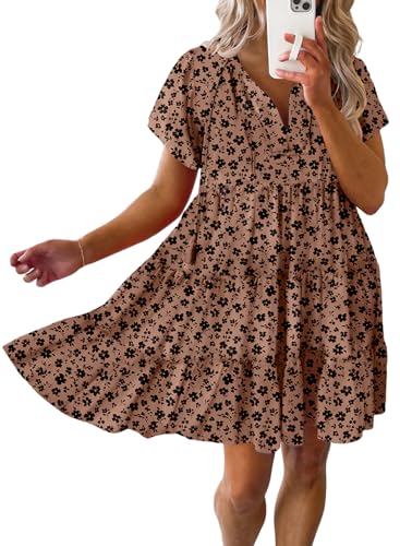 Image of Dokotoo Womens Summer Casual Boho Floral Dresses 2026 V Neck Short Sleeve Sundresses Flowy Swing A-Line Mini Dress