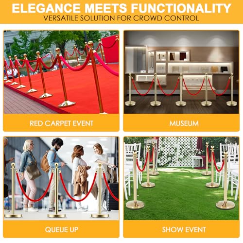 Image of LOVMOR 12Pcs Gold Stanchion Posts Queue with 8pcs Red Velvet Rope, Crowd Control Barriers Queue Line Rope, Crowd Control Stanchion for Party Supplies