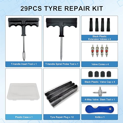 Image of TT-M29 TubelessTire Repair Kits-29 PCS Universal,Upgrade T-HandleTyre Plug Kit Emergency Puncture Repair Kit for Cars Motorcycles