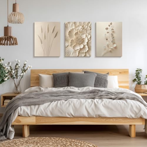 Hianan Framed Neutral Beige Flower Wall Art, Beige Botanical Wall Decor, Modern Minimalist Floral Canvas Paintings, Neutral Flower Poster Prints for Farmhouse Living Room Ready to Hang 12"x16"x3 by Hianan - Used condition - Image 3