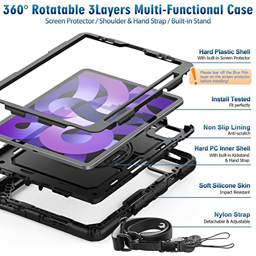 Timecity Case ONLY For iPad Air 5th Generation 2022/ iPad Air 4th Generation 2020, iPad air 10.9 inch case, Sturdy Protection Case with Screen Protector [360 Rotating Stand] Hand Strap,Black - Image 7