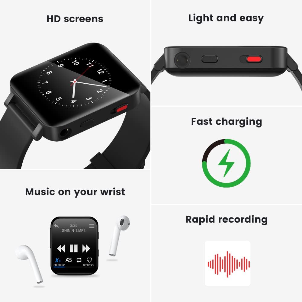 32GB Mp3 Player with Bluetooth 5.2, JOLIKE Wearable Music Player, Full Touch Screen, Digital Hi-Fi Lossless Mp3 with Voice Recorder for Sports Running, Black