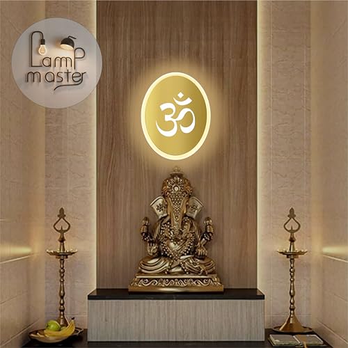 Image of Om Wall Light | LED Spiritual Wall Decor for Home Temple & Living Room Ideal for Puja Room | Warm White & White Glow | Gold Mirror Acrylic | 23x18 cm
