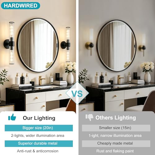 Image of Bathroom Light Fixtures 2 Pack Hardwired, Black Wall Sconce Threaded Glass Vanity Light Featuring Two E26 sockets, Bathroom Wall Light Dimmable - Bulb Not Included, UL Certification