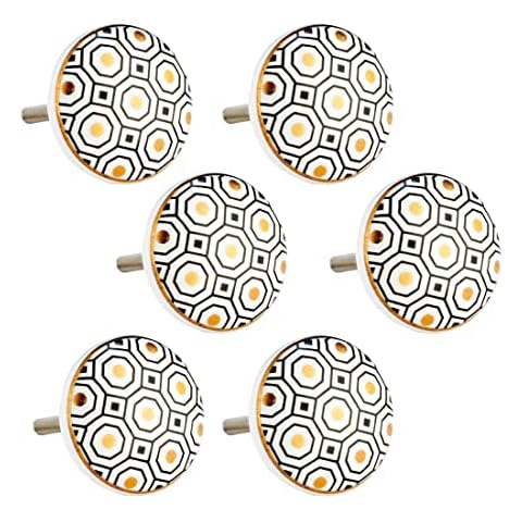 Set of 6 Black, White and Gold Patterned Ceramic Porcelain Cupboard Cabinet Drawer Door Knobs Handles Pulls (White, Black & Gold Octagon Patterned Ceramic Cupboard Knob) Cover