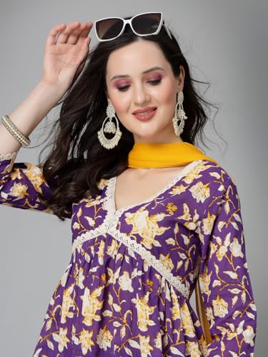 Image of Stylum Women's Floral Printed Cotton Pleated Kurta Palazzo Dupatta Set