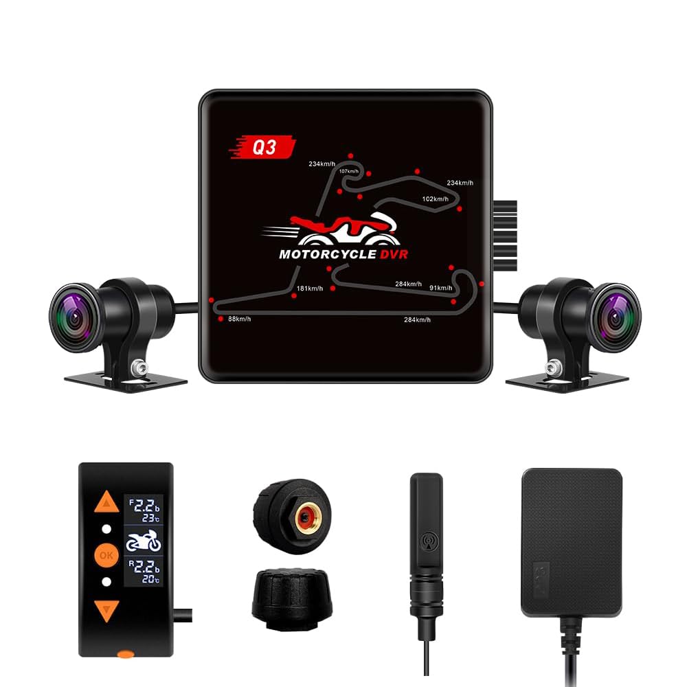 VSYSTO Motorcycle Dash Cam, OLED Display Wired Controller, WiFi, Parking Monitoring, GPS, Tire Pressure Sensors, Waterproof HD 1080P 150° Wide Angle Front & Rear Camera