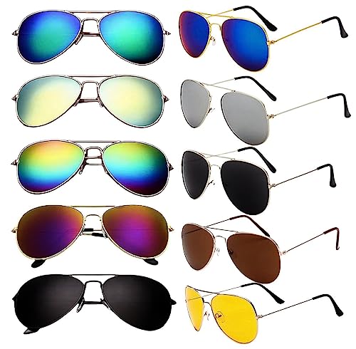 10-Pack Retro Aviator Sunglasses for Women & Men, Mirrored Flat Lens UV400 Unisex Shades - Classic Party Beach Driving Multi-Pair Set