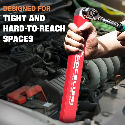 Image of Offset Extension Wrench Impact - Tight Reach Wrench Set with Universal Square Drive Adapters (1 /4 inch, 3 /8 inch, 1 /2 inch) - Ideal for Tight Spaces - Unique Stocking Stuffers for Mechanics (Red)