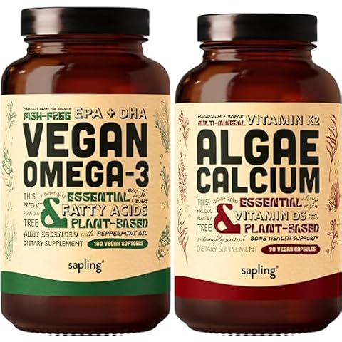 Vegan Omega 3 180 Softgels & Algae Calcium Bundle - Plant Based DHA & EPA Fatty Acids, Calcium Supplement from Red Algae with Vitamin K2 & D3, Magnesium, Zinc, Boron, Mineral Complex Cover