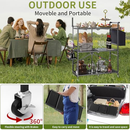DTUQYX Foldable Outdoor Grill Cart with 3-Tier,Grill Cart,Grill Table for Outside with 2 Total Lock Casters，Pizza Oven Stand Table，Rolling BBQ Table and Folding Kitchen Island, Black - Thumbnail 6