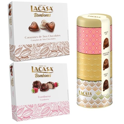 Pack Lacasa bombones surtido lata 180 G & bombones corazón tres chocolates 200 G & bombones frambuesa 200 g