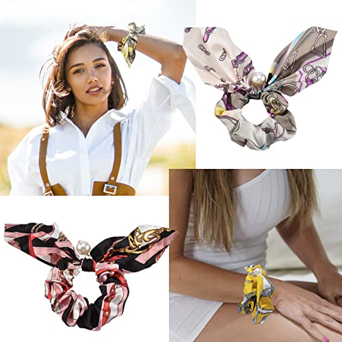Yonchic 6-Piece Satin Pearl Bowknot Elastic Hair Ties, Simple Style Geometric Print Scrunchies Ladies Long Lasting Braids Ponytail Holders, Soft Elegant Bow Hair Tie Ribbon Rubber Bands Hair Accessories #TOP4