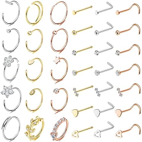 Drperfect 36Pcs 20G Nose Rings Hoop L Shape Screw Bone Nose Studs Stainless Steel Nose Rings Nostril Piercing Jewelry Silver Gold Rose Gold Tone Set Body Jewelry for Women Men Cover