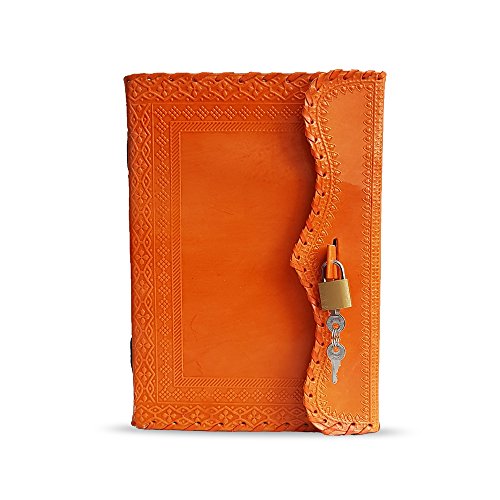 Carnet cahier feuilles cuir orange Jaald 25 cm journal intime avec cadenas