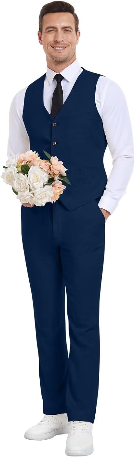 Men's Linen Suits 2 Piece Slim Fit Suit Prom Beach Wedding Groomsman Vest Pants Set Casual Summer Linen Outfit - Image 3