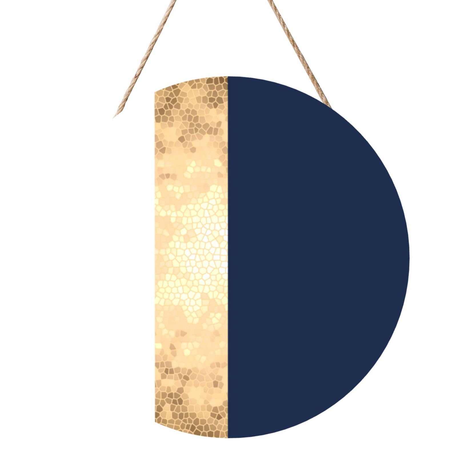 InOmak Elegant Faux Gold Navy Blue White Stripes Accent, Round Wood Panel Painting 12 in, Wall Hanging Painting For Home