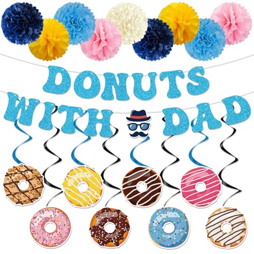 Lovarywow Fathers Day Party Decorations - 19PCS Donuts with Dad Banners Hanging Swirls Paper Pompoms Party Decor Happy Fathers Day Donut Themed Holiday Supplies