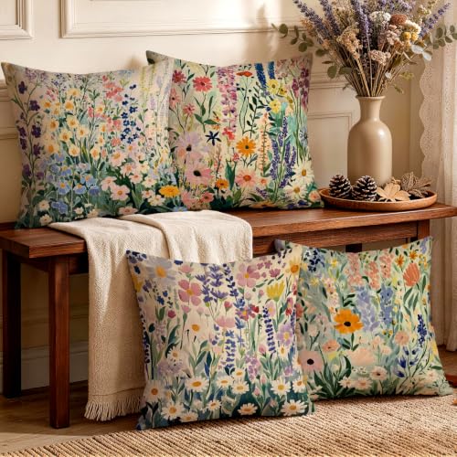 OBSEDE Cottage Wildflower Floral Throw Pillow Covers 18x18 Inch Set of 4