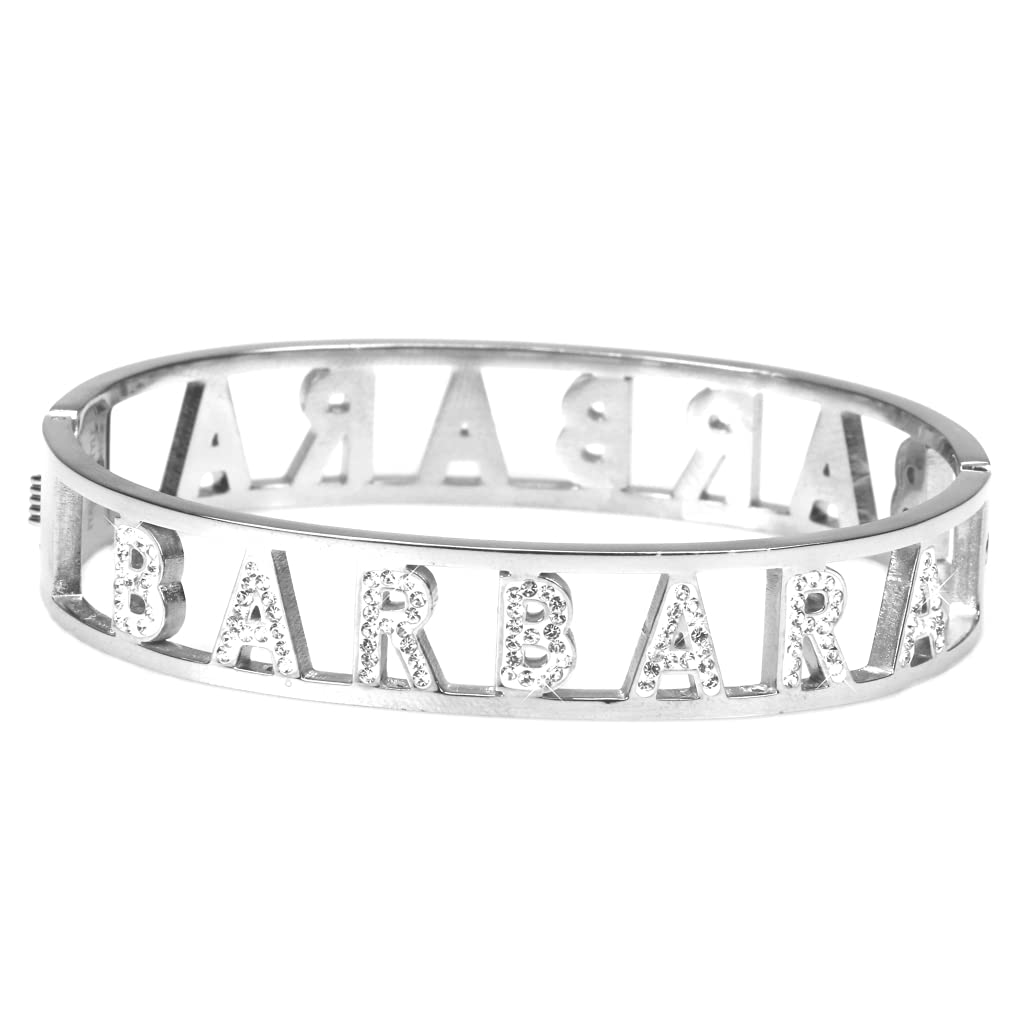 Flowers Bracciale Rigido Acciaio con Nome Vari e Zirconcini Sacchettino in Tessuto Scritta Nome ricoperta di Strass Brillantissimi Bracciale a Manetta Donna Chiusura a Molla Idea Regalo