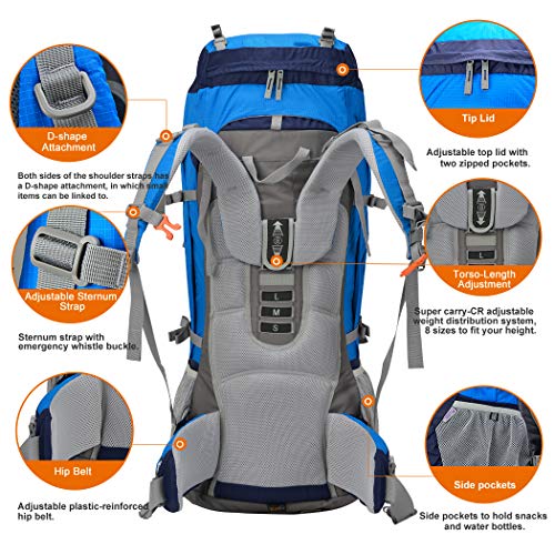 Mountaintop 80L Internal Frame Hiking Backpack For Man & Women Backpacking With Rain Cover Blue #TOP3
