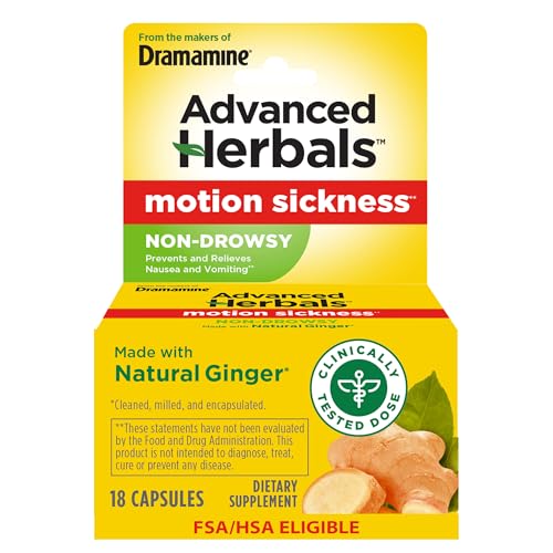From the Makers of Dramamine, Advanced Herbals, Non-Drowsy, Motion Sickness Relief, Made with Natural Ginger, 18 Count