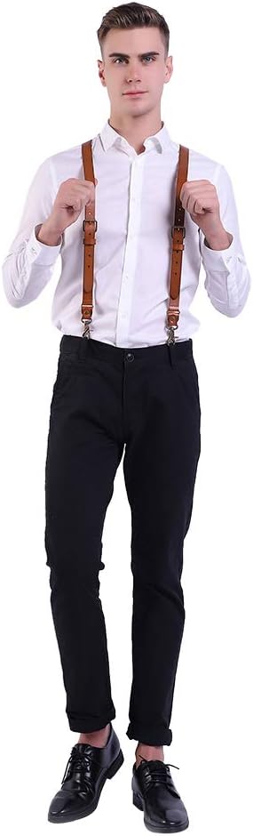 1 Inch Men's Suspenders 3 In 1, Leather Genuine Suspenders, Elastic Strap with Clips, Buttons, Snap Hooks