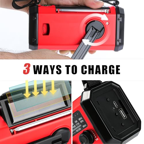 Image of 10000mAh Emergency Crank Radio, NOAA /AM /FM Weather Radio, Type-C Charge,Solar Charging,SOS, 3 Modes LED Torch, Reading Lamp, Compass for Outdoor Survival (Red)