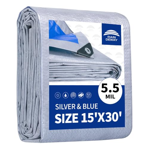 RAINDEWAY Tarps - 15x30 Feet 5.5 Mil Thick Multipurpose Waterproof Poly Tarp Cover with Metal Grommets and Reinforced Edges Silver/Blue Large Tarp