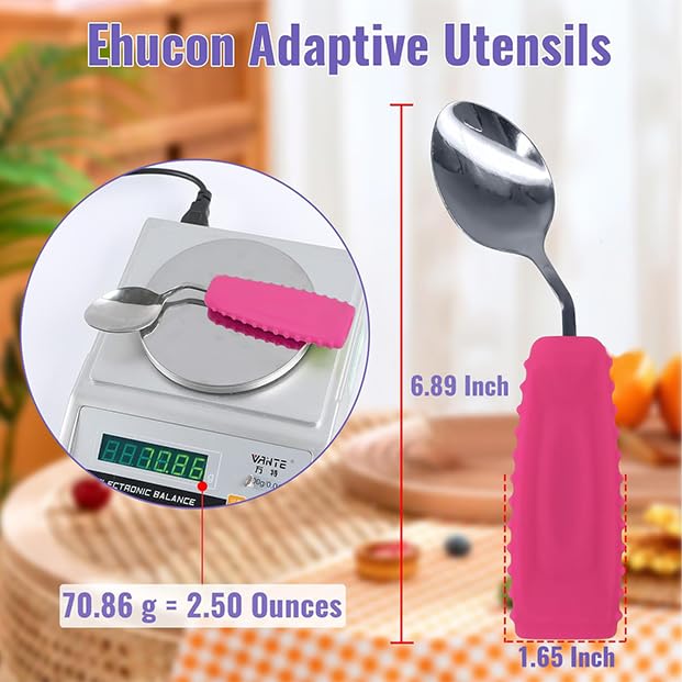 Image of Adaptive Utensils Angled Spoon and Fork for Hand Tremors Parkinsons,Weighted Utensils with Non-Slip Easy Grip Handles for Independent Eating (1pcs Spoon+1pcs Fork=2 pcs,Pink,Right Hand)