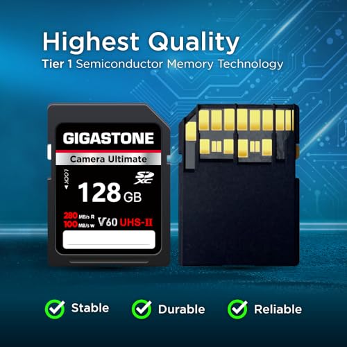 【5-Years Data Recovery】 GIGASTONE 128GB SD Card 2-Pack UHS-II V60 U3 SDXC Memory Card High Speed, Read up to 280MB/s, Compatible with Canon Kodak Olympus Digital Camera