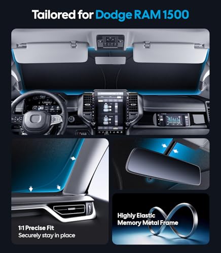 Image of Wigoo for Dodge RAM 1500 Windshield Sunshade [OEM Design, 100% Sun Blockage] Foldable Heat Insulation Sun Shade with Storage Bag, for Dodge RAM 1500 (2019-2026), Silver Coating