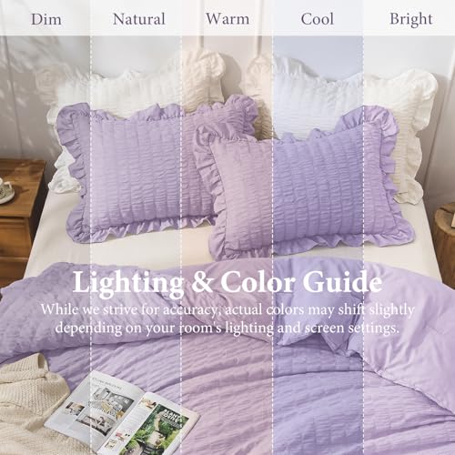 Image of JOLLYVOGUE Lavender King Comforter Set, 3 Pieces Seersucker Comforters King Size, Lightweight & Fluffy Bedding Sets King for All Season with 1 Ruffle Comforter and 2 Ruffle Pillowshams