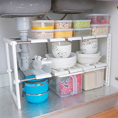 Estante organizador ajustable de 2 capas, estante retráctil para cocina con marco de acero inoxidable para debajo del fregadero, blanco miniatura 5